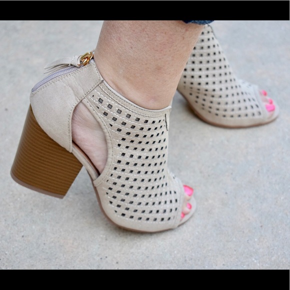 Beige Peep Toe Bootie with Cutout Detail - Picture 2 of 3